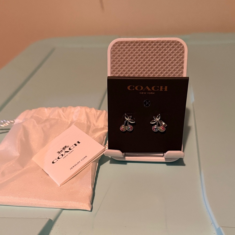 Coach Silver Cherry Stud Earrings with Pink Crystals